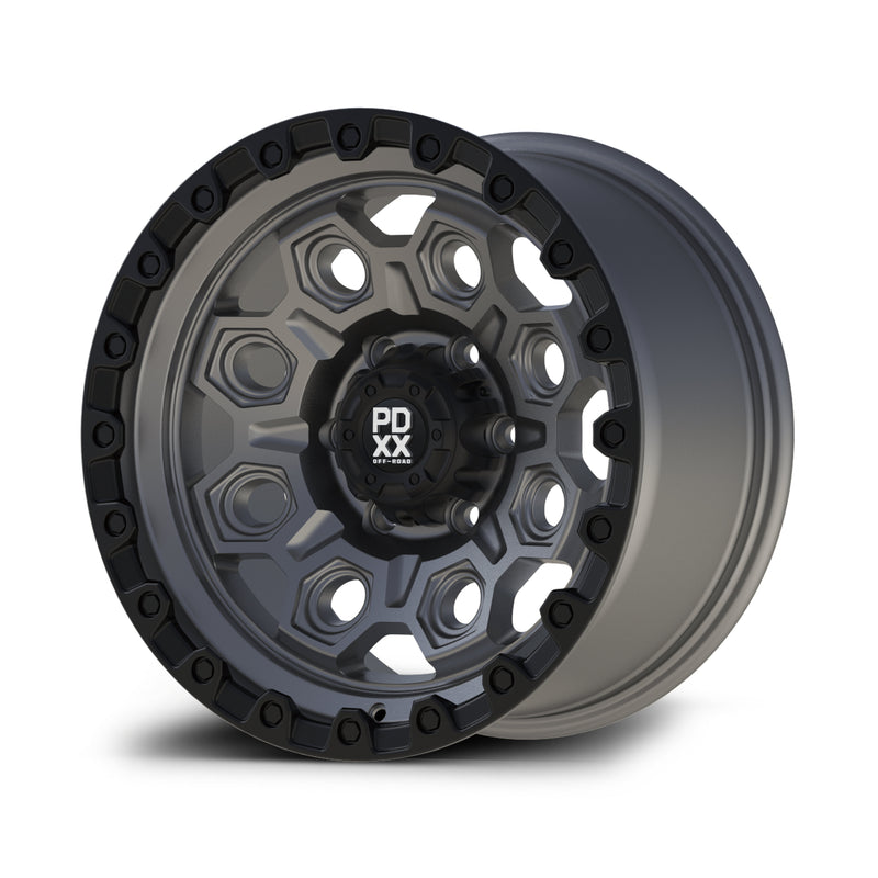 Load image into Gallery viewer, PDXX CONQUEST 17" 6X139.7 Satin Gunmetal w/Black Ring Wheels