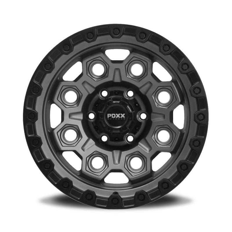 Load image into Gallery viewer, PDXX CONQUEST 17" 6X139.7 Satin Gunmetal w/Black Ring Wheels