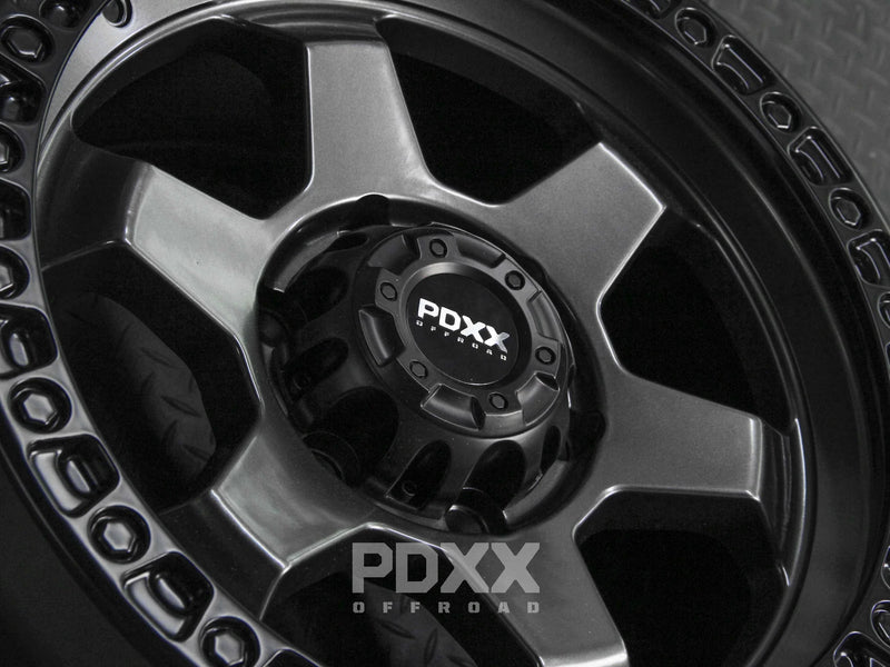 Load image into Gallery viewer, PDXX DOMINATOR 17" 6X139.7 Gunmetal w/Black Ring Wheels+Tyres