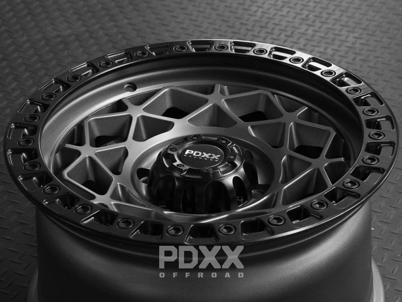 Load image into Gallery viewer, PDXX ENFORCER 17" 6X139.7 Satin Gunmetal w/Black Ring Wheels+Tyres
