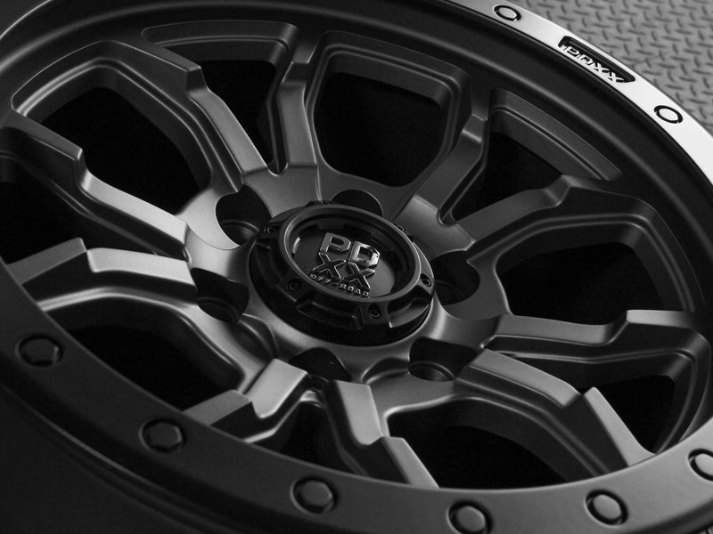 Load image into Gallery viewer, PDXX FURY 17" 6X139.7 Satin Gunmetal w/Black Ring Wheels+Tyres