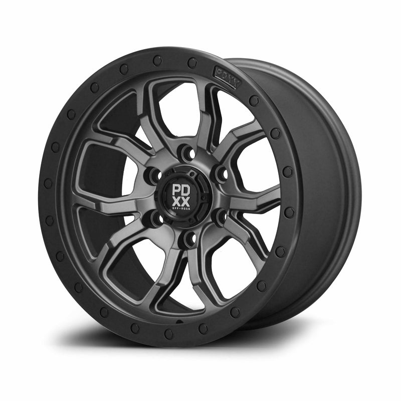Load image into Gallery viewer, PDXX FURY 17" 6X139.7 Satin Gunmetal w/Black Ring Wheels