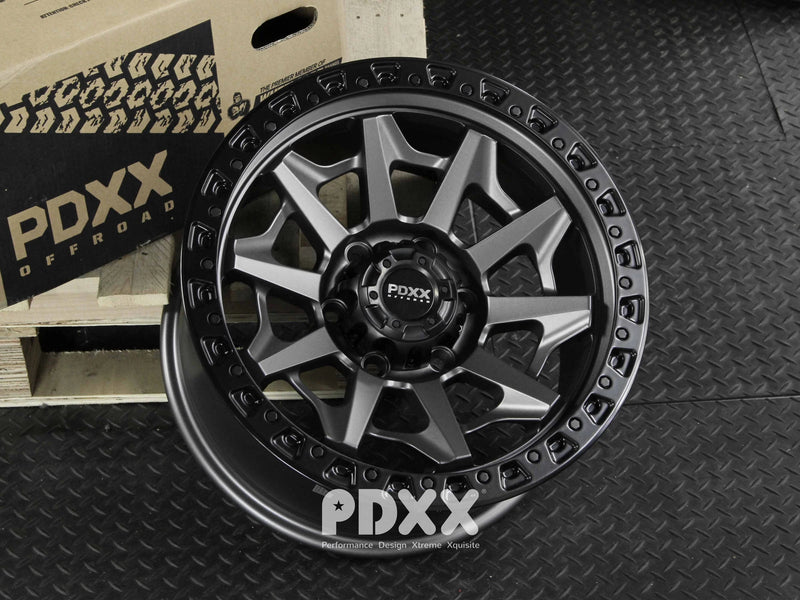 Load image into Gallery viewer, PDXX VIKING 17" 6X139.7 Satin Gunmental w/Black Ring Wheels+Tyres