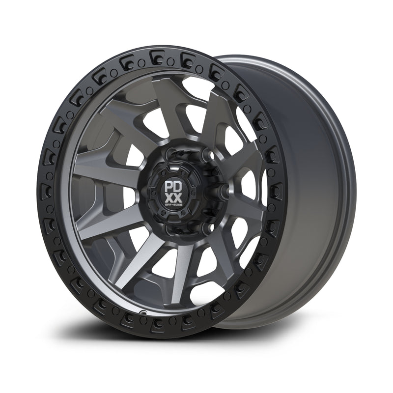 Load image into Gallery viewer, PDXX VIKING 17" 6X139.7 Satin Gunmetal w/Black Ring Wheels