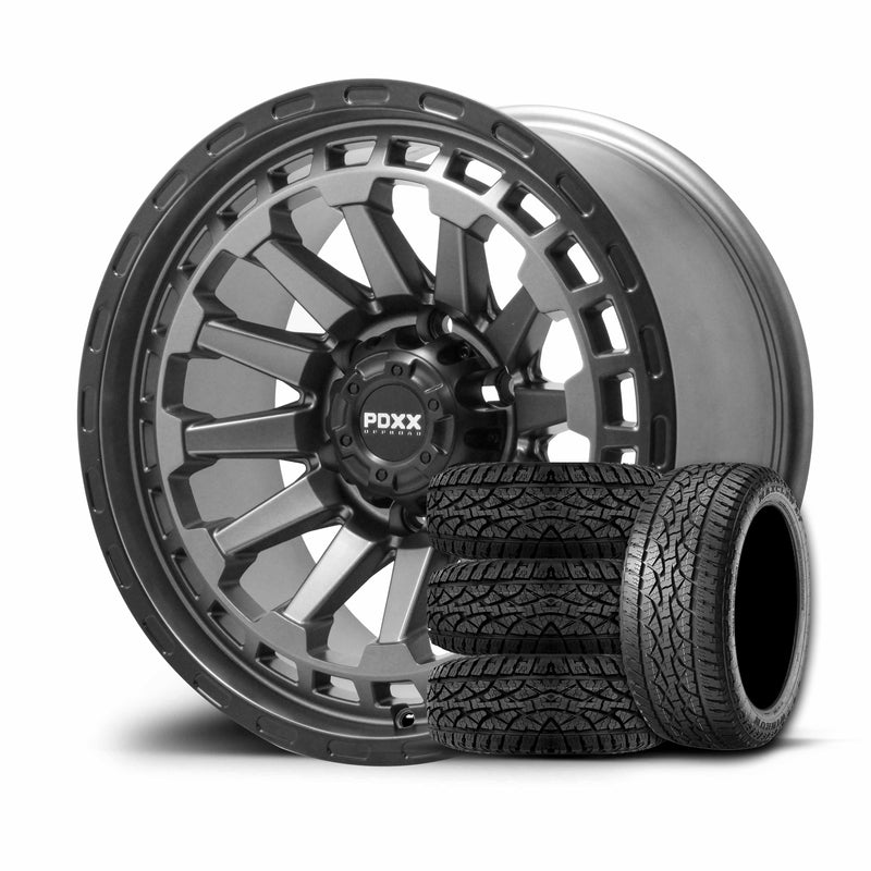 Load image into Gallery viewer, PDXX BEAST 17" 6X139.7 Satin Gunmetal w/Black Ring Wheels+Tyres