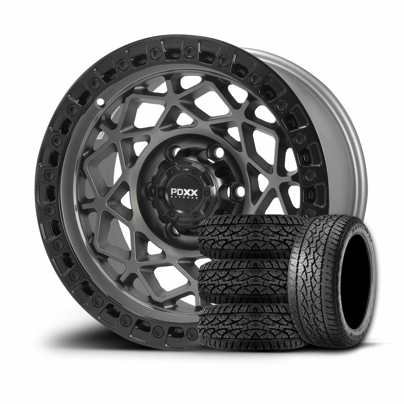 Load image into Gallery viewer, PDXX ENFORCER 17" 6X139.7 Satin Gunmetal w/Black Ring Wheels+Tyres