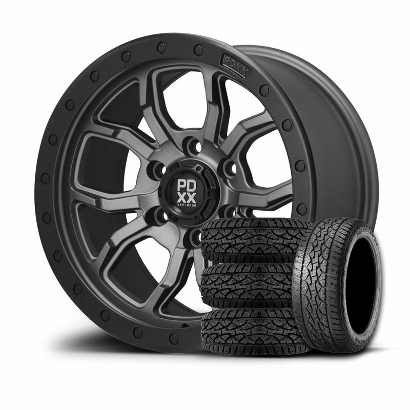 Load image into Gallery viewer, PDXX FURY 17" 6X114.3 Satin Gunmetal w/Black Ring Wheels+Tyres