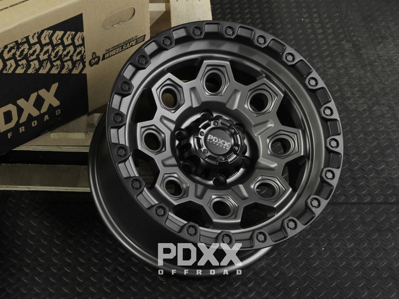 Load image into Gallery viewer, PDXX CONQUEST 17&quot; 6X139.7 Satin Gunmetal w/Black Ring Wheels
