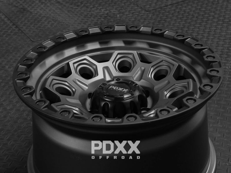 Load image into Gallery viewer, PDXX CONQUEST 17&quot; 6X139.7 Satin Gunmetal w/Black Ring Wheels
