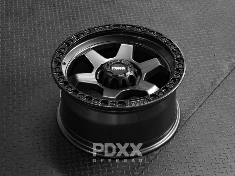 Load image into Gallery viewer, PDXX DOMINATOR 18&quot; 6X139.7 Gunmetal w/Black Ring Wheels
