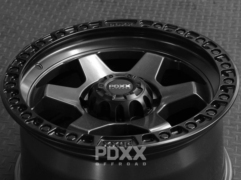 Load image into Gallery viewer, PDXX DOMINATOR 17&quot; 6X139.7 Gunmetal w/Black Ring Wheels
