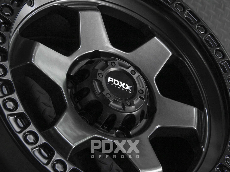 Load image into Gallery viewer, PDXX DOMINATOR 18&quot; 6X139.7 Gunmetal w/Black Ring Wheels+Tyres
