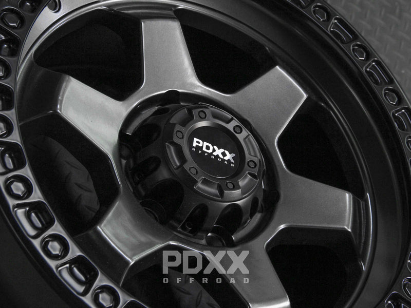 Load image into Gallery viewer, PDXX DOMINATOR 17&quot; 6X139.7 Gunmetal w/Black Ring Wheels
