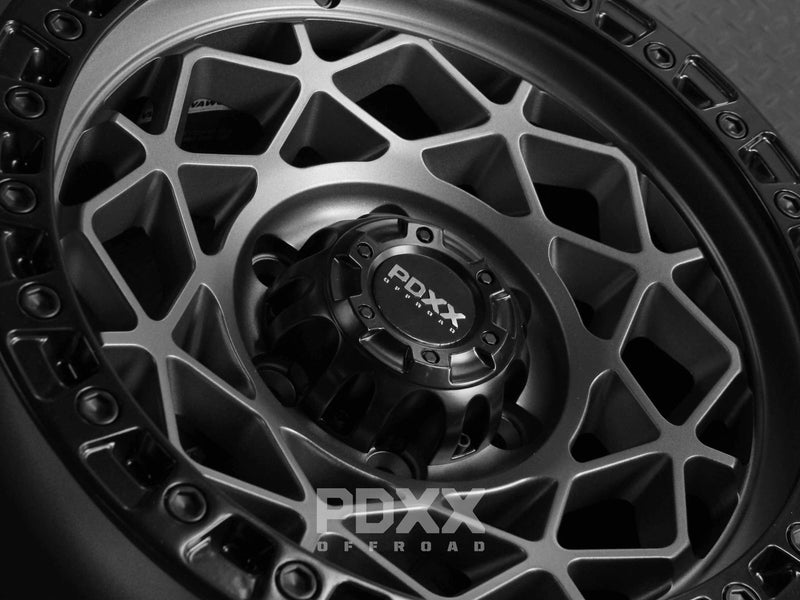 Load image into Gallery viewer, PDXX ENFORCER 17&quot; 6X139.7 Satin Gunmetal w/Black Ring Wheels+Tyres
