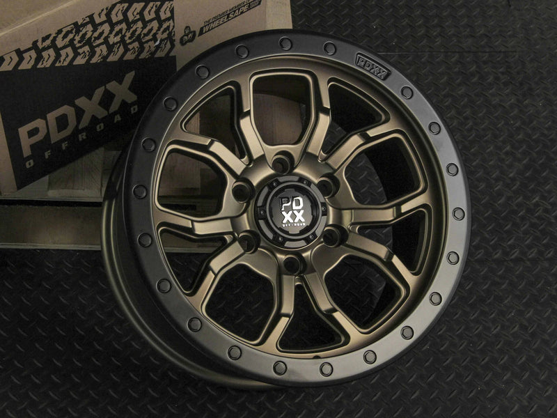 Load image into Gallery viewer, PDXX FURY 17&quot; 6X114.3 Satin Bronze w/Black Ring Wheels+Tyres
