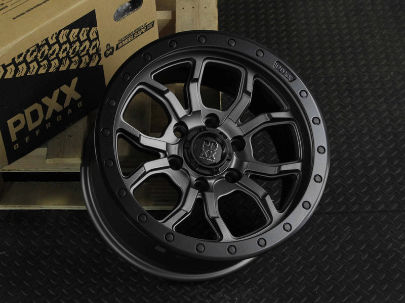 Load image into Gallery viewer, PDXX FURY 17&quot; 6X139.7 Satin Gunmetal w/Black Ring Wheels+Tyres
