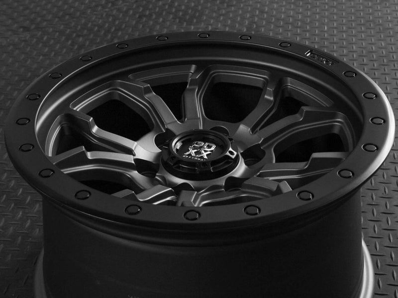 Load image into Gallery viewer, PDXX FURY 17&quot; 6X139.7 Satin Gunmetal w/Black Ring Wheels
