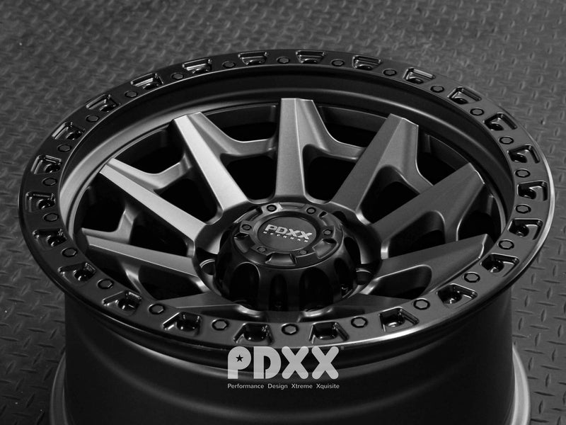 Load image into Gallery viewer, PDXX VIKING 17&quot; 6X139.7 Satin Gunmental w/Black Ring Wheels+Tyres
