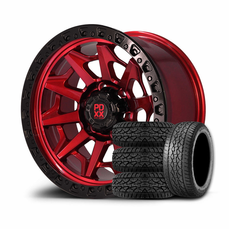 Load image into Gallery viewer, PDXX VIKING 17&quot; 6X139.7 Imperial Red w/ Black Ring Wheels+Tyres
