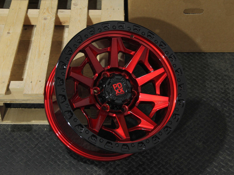 Load image into Gallery viewer, PDXX VIKING 17&quot; 6X139.7 Imperial Red w/ Black Ring Wheels+Tyres
